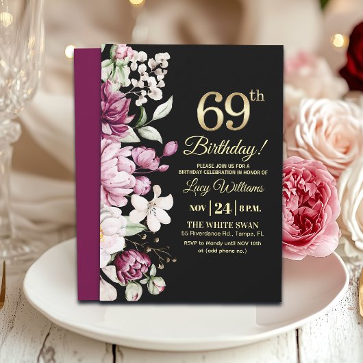 Invitation Elegant Floral Gold 69 Birthday Party