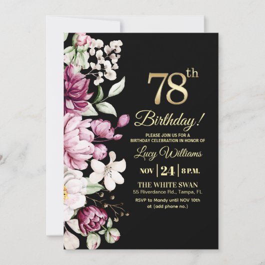 Invitation Elegant Floral Gold 78 Birthday Photo (Devant)