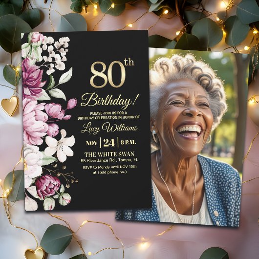 Invitation Elegant Floral Gold 80 Birthday Photo
