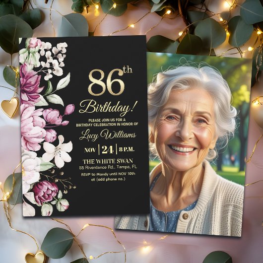 Invitation Elegant Floral Gold 86 Birthday Photo