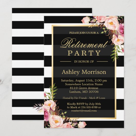 Invitation Élégant Floral Gold Black Stripes Parti de retrait (Devant / Derrière)