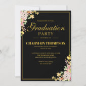 Invitation Elégant Floral Gold Bordure Formal Black Graduatio (Devant)
