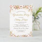 Invitation Élégant Floral Gold Confetti Pink Graduation Party (Debout devant)