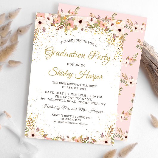 Invitation Élégant Floral Gold Confetti Pink Graduation Party