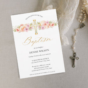 Invitation Elégant Floral Gold Cross Christening Baptism