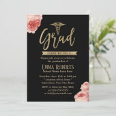 Invitation Élégant Floral Gold Médicale Nurse Graduation Part (Debout devant)