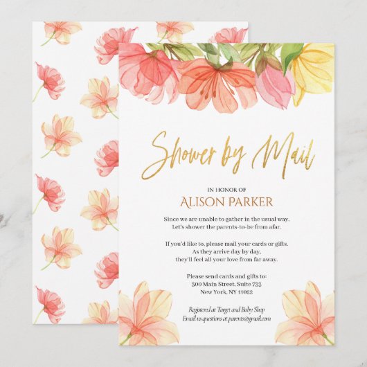 Invitation Elégant Floral Gold Script Aquarelle Verdure (Devant / Derrière)