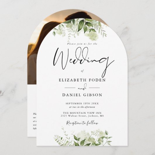 Invitation Elégant Floral Greenery QR Code Photo Arch Mariage (Devant / Derrière)