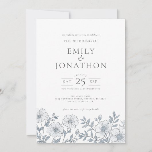 Invitation Élégant floral gris QR Code Mariage (Devant)