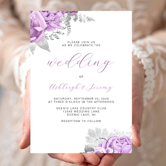 Invitation Élégant floral Lilac Mariage de script argent