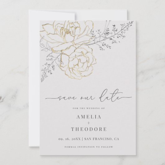 Invitation Elégant Floral Line Art Wedding Enregistrer la dat (Devant)