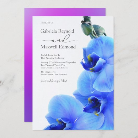 Invitation Élégant Floral Love Blue Orchids Mariage (Devant / Derrière)
