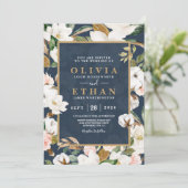 Invitation Élégant Floral Magnolia Fardé Navy Neutre (Debout devant)