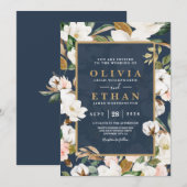 Invitation Élégant Floral Magnolia Fardé Navy Neutre (Devant / Derrière)