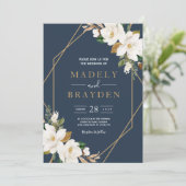 Invitation Élégant Floral Magnolia Fardé Navy Neutre (Debout devant)