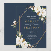 Invitation Élégant Floral Magnolia Fardé Navy Neutre (Devant / Derrière)