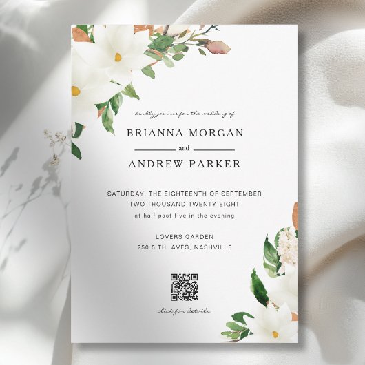 Invitation Elegant Floral Magnolia QR Code Wedding