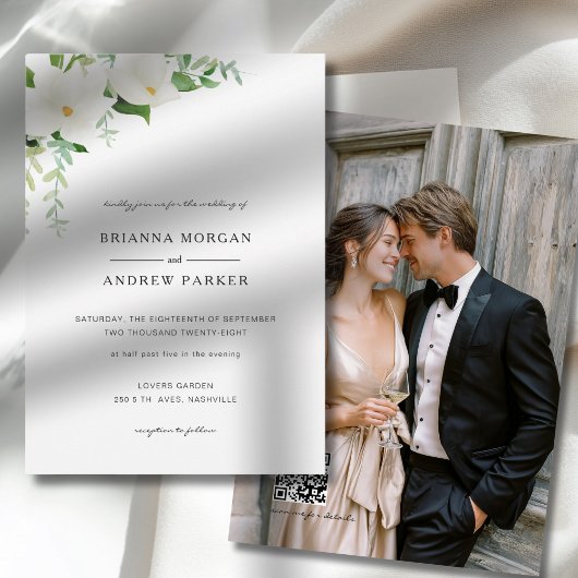 Invitation Elegant Floral Magnolia Wedding Photo QR Code