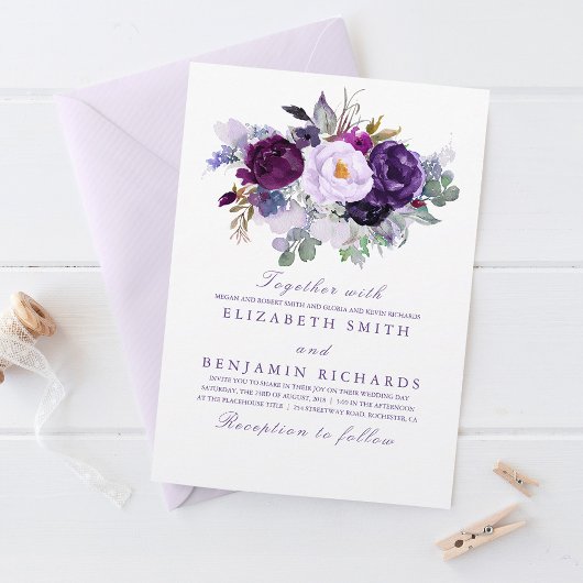 Invitation Élégant floral | Mariage d'aquarelles violet