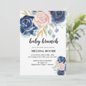 Invitation Elégant Floral marine bleu rose bébé brunch douche (Debout devant)