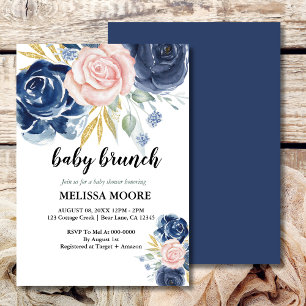 Invitation Elégant Floral marine bleu rose bébé brunch douche
