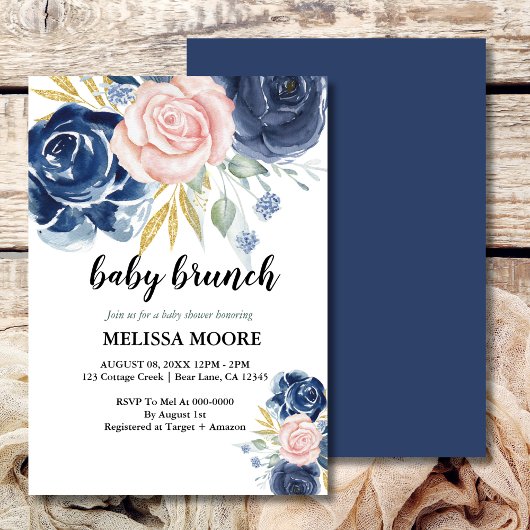 Invitation Elégant Floral marine bleu rose bébé brunch douche
