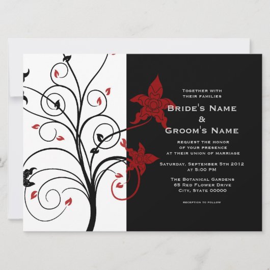 Invitation Elégant Floral moderne Noir et Rouge Mariage Invit (Devant)