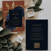 Invitation Elégant Floral Navy Blue Gold Rust QR Code Mariage