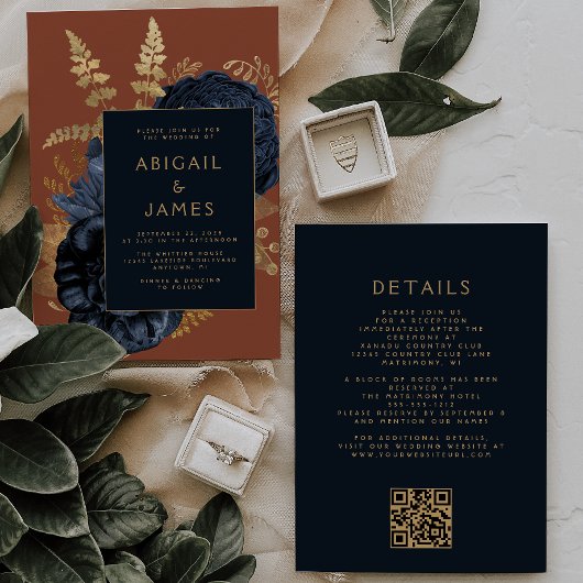 Invitation Elégant Floral Navy Blue Gold Rust QR Code Mariage