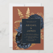 Invitation Elégant Floral Navy Blue Gold Rust QR Code Mariage (Devant)