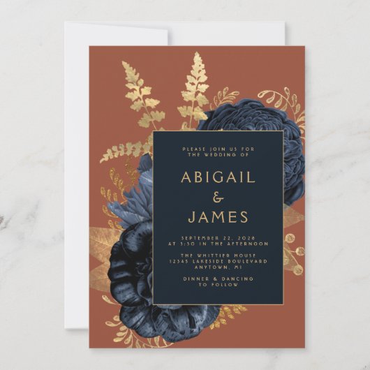 Invitation Elégant Floral Navy Blue Gold Rust QR Code Mariage (Devant)