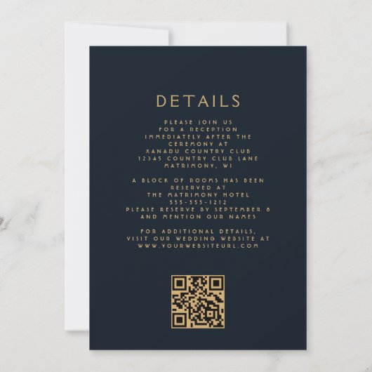 Invitation Elégant Floral Navy Blue Gold Rust QR Code Mariage (Dos)