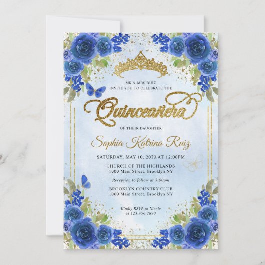 Invitation Elégant Floral Navy Blue Gold Tiara Quinceañera (Devant)