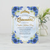 Invitation Elégant Floral Navy Blue Gold Tiara Quinceañera (Debout devant)