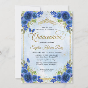 Invitation Elégant Floral Navy Blue Gold Tiara Quinceañera