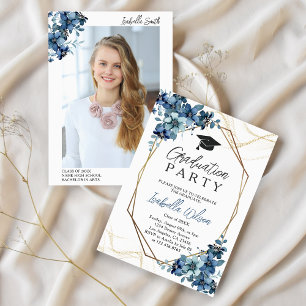 Invitation Elégant Floral Navy Blue Photo Party