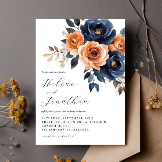 Invitation Elégant Floral Navy Blue Terracotta Garden Mariage
