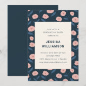 Invitation Élégant Floral Navy rose Parti de graduation moder (Devant / Derrière)