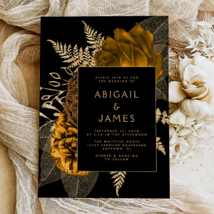 Invitation Élégant Floral Noir Brûlé Orange Mariage Or