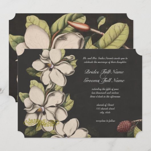 Invitation Élégant floral noir cuivre Magnolia Mariage (Devant / Derrière)
