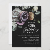 Invitation Élégant Floral noir et pourpre 40e anniversaire (Devant)