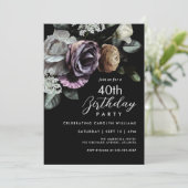 Invitation Élégant Floral noir et pourpre 40e anniversaire (Debout devant)