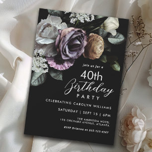 Invitation Élégant Floral noir et pourpre 40e anniversaire
