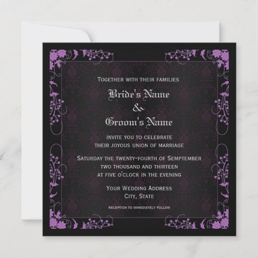 Invitation Elégant floral noir et violet Mariage damassé (Devant)