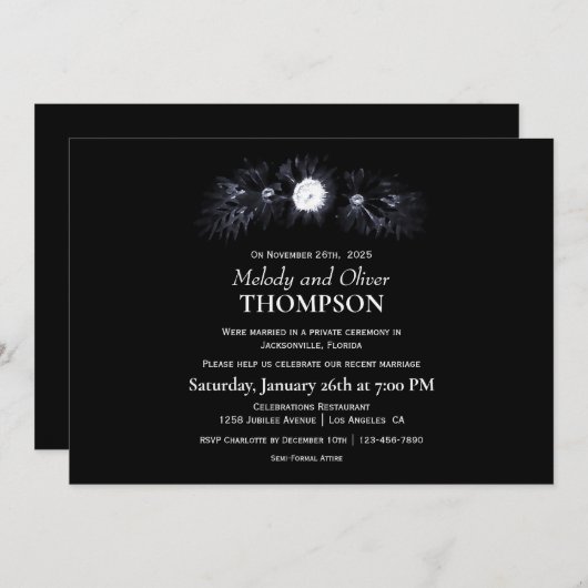 Invitation Élégant Floral Noir Humeur Post Mariage (Devant / Derrière)