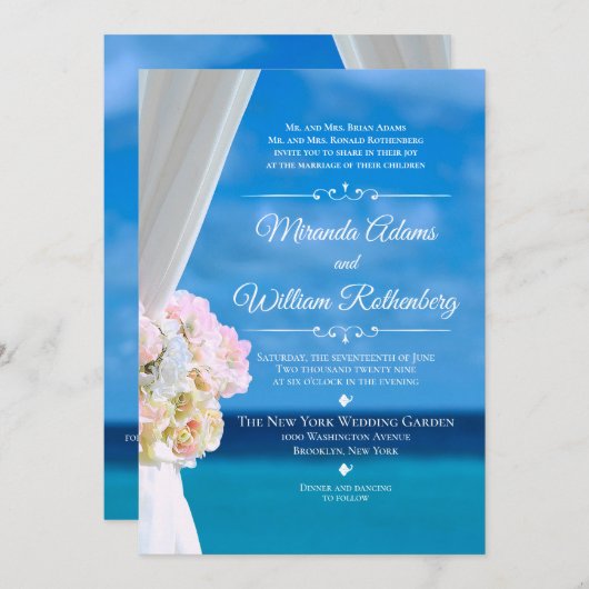Invitation Elégant Floral Ocean Beach Mariage été (Devant / Derrière)