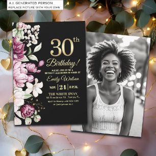 Invitation Élégant Floral Or 30 Anniversaire Photo