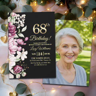 Invitation Élégant Floral Or 68 Photo Anniversaire