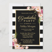 Invitation Élégant Floral Or Black White Stripes Graduation (Devant)