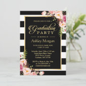 Invitation Élégant Floral Or Black White Stripes Graduation (Debout devant)